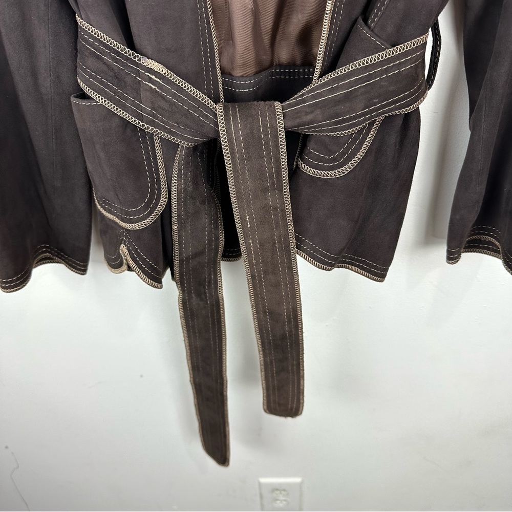 BCBG MAXAZRIA Open Front Leather Suede Belted Jacket - Picture 8 of 9